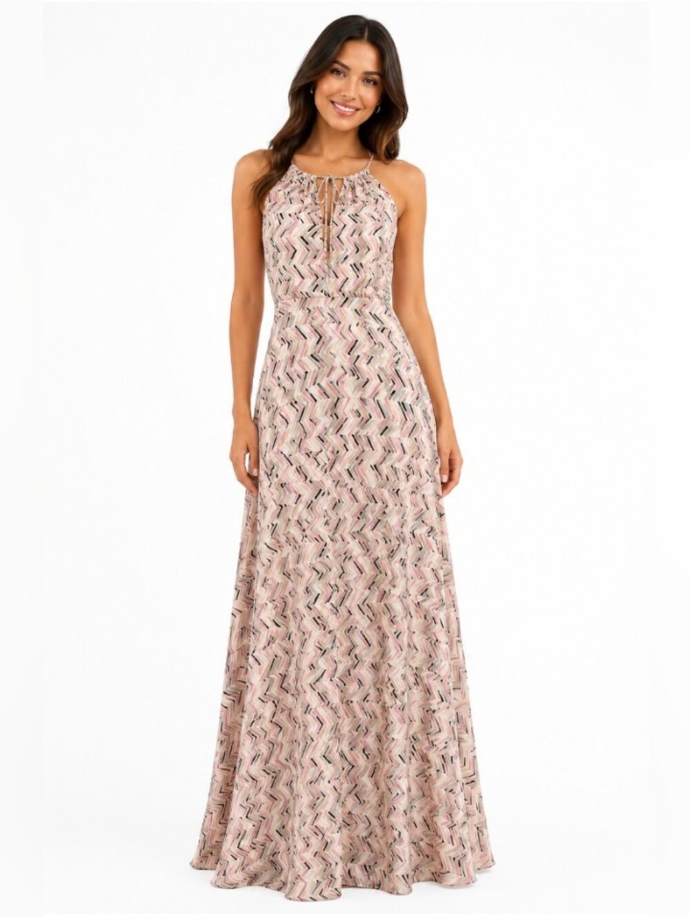 White House Black Market Sleeveless Pink Patterned Halter Maxi Dress Size 0